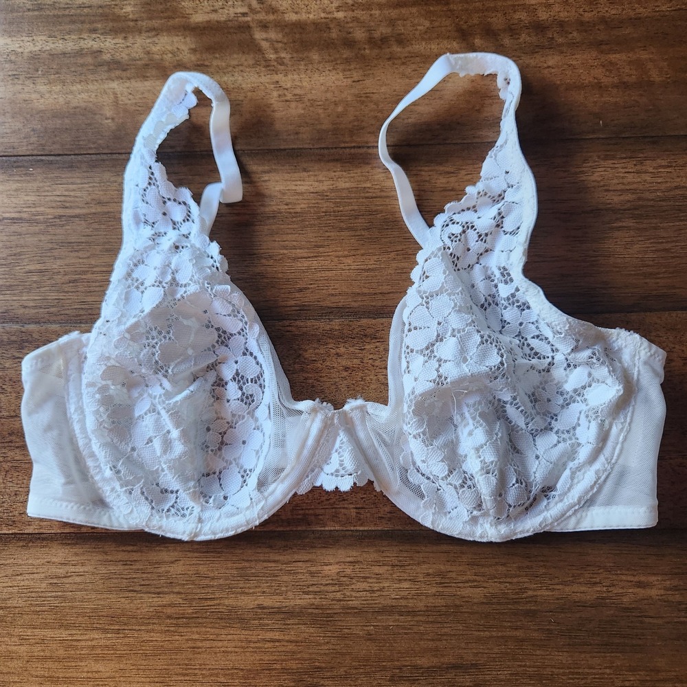 HM White Floral Lace Sheer Mesh Underwire Bra 34C Non-Padded